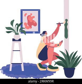 Artista donna che crea l'illustrazione vettoriale dell'arte murale. Illustrazione Vettoriale
