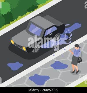 Unlucky day isometric background with woman character splashed with mud from puddle by passing car vector illustration Stock Vector
