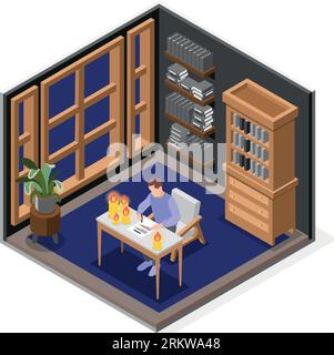 Interruzione di corrente oggetto isolato con un uomo che lavora alla scrivania tramite illustrazione vettoriale isometrica a lume di candela Illustrazione Vettoriale