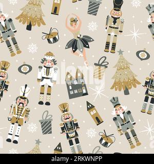 Seamless Christmas Pattern with Nutcrackers ballerina in Vector on beige. Stock Vector