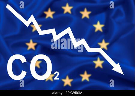 riduzione delle emissioni di co2 nell'unione europea. Ecologia e ambiente sostenibile. Ridurre i concetti relativi alle emissioni di CO2, il riscaldamento globale e l'Energ per i cambiamenti climatici Foto Stock