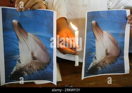 Bildnummer: 58803272 Datum: 26.11.2012 Copyright: imago/Xinhua (121126) -- MANILA, 26 novembre 2012 (Xinhua) -- ambientalisti e sostenitori del benessere animale tengono una candela accesa e foto di un delfino chiamato Wen Wen a Quezon City, Filippine, 26 novembre 2012. Il delfino maschio Wen Wen, uno dei delfini diretti al Marine Life Park presso il Resorts World Sentosa di Singapore, è morto durante il volo dalle Filippine il 22 novembre 2012. (Xinhua/Rouelle Umali)(dzl) FILIPPINE-QUEZON-DOLPHIN-DEATH PUBLICATIONxNOTxINxCHN Gesellschaft Tierschutz Kerze Delphin x0x xmb 2012 quer 58803272 Data 26 11 Foto Stock