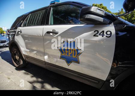 San Francisco, California, USA. 7th Aug, 2023. A police vehicle of San Francisco Police Department(SFPD) is parked at the Post Street in San Francisco. (Credit Image: © Michael Ho Wai Lee/SOPA Images via ZUMA Press Wire) EDITORIAL USAGE ONLY! Not for Commercial USAGE! Stock Photo