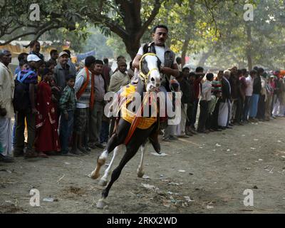 Bildnummer: 58860533 Datum: 01.12.2012 Copyright: imago/Xinhua SONEPUR, 1 dicembre 2012 -- radunatevi intorno a un indiano a cavallo a Sonepur, circa 30 chilometri a nord di Patna, capitale dello stato orientale dell'India, Bihar, 1 dicembre 2012. Gli agricoltori e gli uomini d'affari commerciano elefanti, mucche, bufali e altri animali durante la fiera del bestiame di Sonepur. (Xinhua/li Yigang) autorizzato da Ytfs INDIA-SONEPUR-CATTLE FAIR PUBLICATIONxNOTxINxCHN Gesellschaft Tiere Wirtschaft Tiermarkt Viehmarkt Markt x1x xac 2012 quer 58860533 Data 01 12 2012 Copyright Imago XINHUA Sonepur DEC 1 2012 radunatevi a Indian Ridin Foto Stock