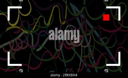 Indicatore di visualizzazione dei fotogrammi del videoregistratore. Design geometrico del quadrato rosso e delle linee bianche sulle strisce colorate scure Illustrazione Vettoriale