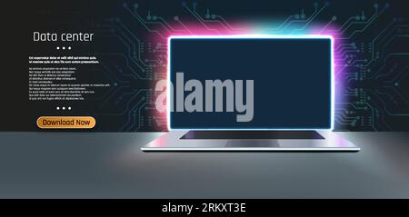 schermo e scrivania in una stanza buia con luce blu. Background tecnologico con un notebook. Illustrazione vettoriale Mock-up metallico del notebook su supporto e. Illustrazione Vettoriale
