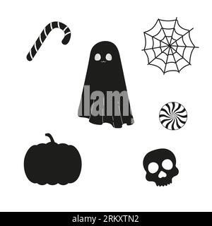 Halloween silhouette multichrome nero, fantasma, canne caramelle, teschio, ragnatela . Illustrazione vettoriale Illustrazione Vettoriale