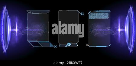Collection of modern abstract posters in acid style. Digital design elements hud style. Trendy 2022 shapes in cyberpunk style. Illustrazione Vettoriale