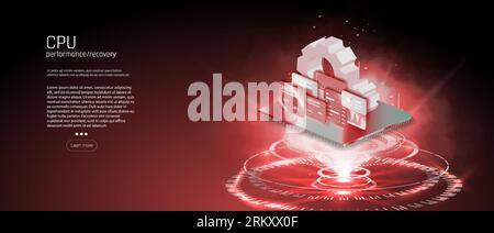 Quantum computer, large data processing, database concept. CPU isometric banner Central Computer Processors CPU concept Presentation microchip process Illustrazione Vettoriale