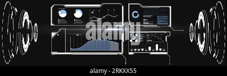 Collezione hi-tech digitale Sky-fi in stile HUD. Podio teletrasporto Magic Circle. GUI, proiettore per realtà virtuale con interfaccia utente. Tecnologia olografica astratta. Vettore Illustrazione Vettoriale