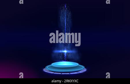 Design futuristico dell'interfaccia circolare. Modello futuristico astratto. Portali circolari, teletrasporto, gadget olografici. Display vuoto, palco o portale magico, pod Illustrazione Vettoriale