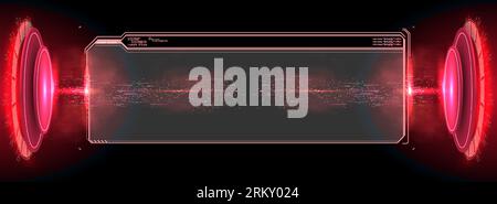 elementi di interfaccia. Futuristico schermo del frame HUD astratto, pulsante, caricamento, testo isolato su sfondo nero. Elementi GUI per il gioco. Informazioni sui dati Illustrazione Vettoriale