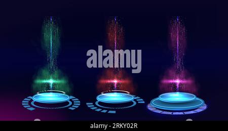 Design futuristico dell'interfaccia circolare. Modello futuristico astratto. Portali circolari, teletrasporto, gadget olografici. Display vuoto, palco o portale magico, pod Illustrazione Vettoriale