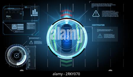 Interfaccia auto in stile HUD, GUI, UI. Concetto di sistema di rilevamento per uso automobilistico. Auto autonoma. Sistema di assistenza alla guida. Vista dall'alto dell'auto con digitale elettronico Illustrazione Vettoriale