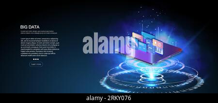 Modern flat design isometric concept. Futuristic microchip processor with lights on the blue background. Quantum computer, large data processing, data Stock Vector