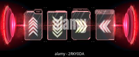 elementi di interfaccia. Futuristico schermo del frame HUD astratto, pulsante, caricamento, testo isolato su sfondo nero. Elementi GUI per il gioco. Informazioni sui dati Illustrazione Vettoriale