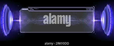 elementi di interfaccia. Futuristico schermo del frame HUD astratto, pulsante, caricamento, testo isolato su sfondo nero. Elementi GUI per il gioco. Informazioni sui dati Illustrazione Vettoriale