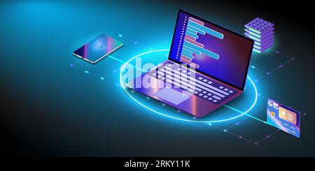 Notebook con scudo, concetto di sicurezza informatica. Dati di laptop 3D e cloud protetti. Sicurezza informatica, blocco dello scudo in futuristico Illustrazione Vettoriale