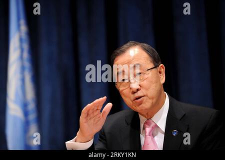 Bildnummer: 59120981  Datum: 22.01.2013  Copyright: imago/Xinhua (130122) -- NEW YORK, Jan. 22, 2013 (Xinhua) -- UN Secretary-General Ban Ki-moon speaks at his first press conference this year at the UN headquarters in New York, the United States, Jan. 22, 2013. Ban Ki-moon on Tuesday called for an innovative action to deal with the numerous challenges facing the world and to meet shared goals such as sustainable development, disarmament and conflict resolution. (Xinhua/Shen Hong) US-UN-BAN-KI-MOON-PRIORITIES PUBLICATIONxNOTxINxCHN People Politik Porträt xdp x0x 2013 quer premiumd      5912098 Stock Photo