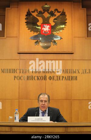 Bildnummer: 59123117  Datum: 23.01.2013  Copyright: imago/Xinhua (130123) -- MOSCOW, Jan. 23, 2013 (Xinhua) -- Russia s Foreign Minister Sergei Lavrov speaks during an annual press conference in Moscow, Russia, Jan. 23, 2013. (Xinhua/Pavel) (zf) RUSSIA-MOSCOW-PRESS CONFERENCE-FOREIGN MINISTER-LAVROV PUBLICATIONxNOTxINxCHN People Politik x0x xrj 2013 hoch      59123117 Date 23 01 2013 Copyright Imago XINHUA  Moscow Jan 23 2013 XINHUA Russia S Foreign Ministers Sergei Lavrov Speaks during to Annual Press Conference in Moscow Russia Jan 23 2013 XINHUA Pavel ZF Russia Moscow Press Conference Forei Stock Photo