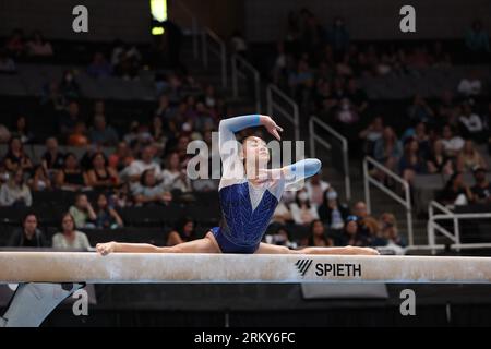 25 agosto 2023: Ginnasta Leanne Wong durante la gara femminile senior Day 1 agli U.S. Gymnastics Championships 2023. Il concorso si svolge presso il SAP Center di San Jose, California. Melissa J. Perenson/CSM Foto Stock