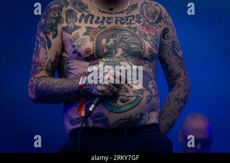 Parigi, Francia. 25 agosto 2023. Sebastian Murphy dei Viagra Boys si esibisce sul palco durante il concerto dal vivo. Il secondo giorno della 20a edizione del festival musicale francese Rock en Seine è stato presentato dal placebo britannico, al Domaine National de Saint-Cloud. (Foto di Telmo Pinto/SOPA Images/Sipa USA) credito: SIPA USA/Alamy Live News Foto Stock