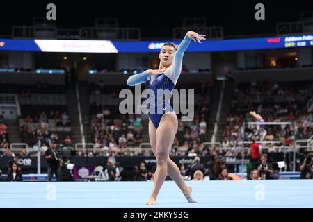 25 agosto 2023: Ginnasta Leanne Wong durante la gara femminile senior Day 1 agli U.S. Gymnastics Championships 2023. Il concorso si svolge presso il SAP Center di San Jose, California. Melissa J. Perenson/CSM Foto Stock