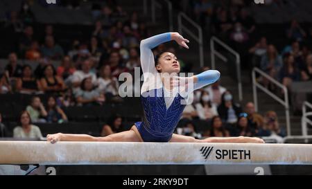 25 agosto 2023: Ginnasta Leanne Wong durante la gara femminile senior Day 1 agli U.S. Gymnastics Championships 2023. Il concorso si svolge presso il SAP Center di San Jose, California. Melissa J. Perenson/CSM Foto Stock