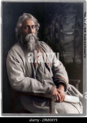 Rabindranath Tagore, ritratto di tre quarti, seduto, rivolto a destra. Circa 1917. Fotografo sconosciuto. Foto Stock