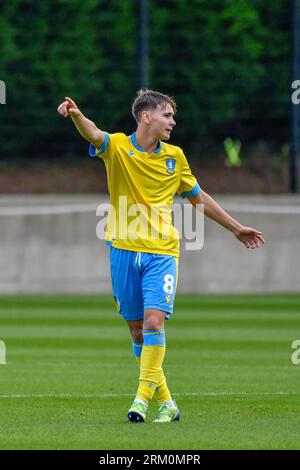 Swansea, Wales. 26 August 2023. Finley Hunt of Sheffield Wednesday during the Under 18 Professional Development League game between Swansea City and Sheffield Wednesday at the Swansea City Academy in Swansea, Wales, UK on 26 August 2023. Credit: Duncan Thomas/Majestic Media/Alamy Live News. Stock Photo