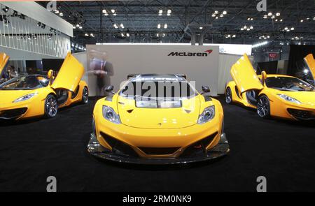 Bildnummer: 59459770  Datum: 29.03.2013  Copyright: imago/Xinhua Mclaren cars are on display during the 2013 New York International Auto Show in New York, on March 29, 2013. The 2013 New York International Auto Show opened to the public on Friday. (Xinhua/Cheng Li) US-NEW YORK-AUTO SHOW PUBLICATIONxNOTxINxCHN Wirtschaft Autoindustrie Messe x0x xub 2013 quer premiumd     59459770 Date 29 03 2013 Copyright Imago XINHUA McLaren Cars are ON Display during The 2013 New York International Car Show in New York ON March 29 2013 The 2013 New York International Car Show opened to The Public ON Friday XI Stock Photo