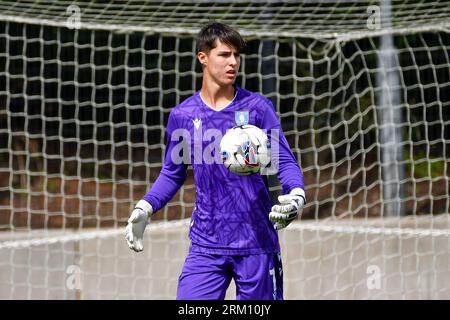 Swansea, Galles. 26 agosto 2023. Il portiere Jack Phillips di Sheffield Wednesday durante la partita Under 18 della Professional Development League tra Swansea City e Sheffield Wednesday alla Swansea City Academy di Swansea, Galles, Regno Unito, il 26 agosto 2023. Crediti: Duncan Thomas/Majestic Media/Alamy Live News. Foto Stock