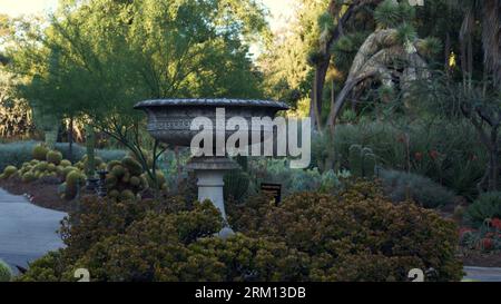 Un bagno per uccelli in un giardino desertico presso la Huntington Library and Garden di San Marino, CA Foto Stock