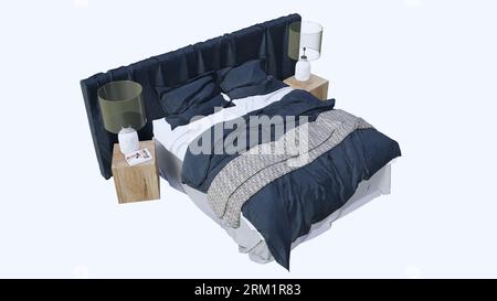 letto bianco blu e bianco con cuscini mockup, vista su tre dimensioni, sfondo bianco in legno naturale, letto principale, copriletto, tavolino, tavolo lampada, Foto Stock