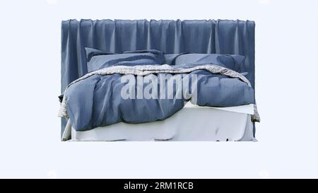 letto bianco blu e bianco con cuscini mockup, vista frontale, sfondo bianco in legno naturale, letto principale, copriletto, tavolino, lampada, Foto Stock
