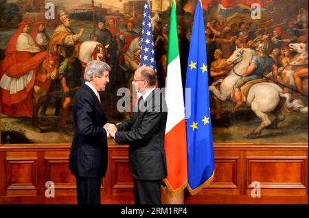 Bildnummer: 59623960  Datum: 09.05.2013  Copyright: imago/Xinhua (130509) -- ROME, May 9, 2013 (Xinhua) -- Italian Prime Minister Enrico Letta (R) meets with U.S. Secretary of State John Kerry in Rome on May 9, 2013, regarding the creation of a free trade area between EU and U.S. and the cooperation between Italy s new government and U.S..(Xinhua/Xu Nizhi) ITALY-US-KERRY-VISIT PUBLICATIONxNOTxINxCHN Politik people xas x0x 2013 quer premiumd      59623960 Date 09 05 2013 Copyright Imago XINHUA  Rome May 9 2013 XINHUA Italian Prime Ministers Enrico Letta r Meets With U S Secretary of State John Stock Photo