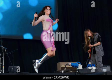 Southsea, UK. 26th Aug, 2023. British singer songwriter Kate Marie Nash known professionally as Kate Nash jumping on stage performing live at Victorious Festival. Credit: SOPA Images Limited/Alamy Live News Stock Photo