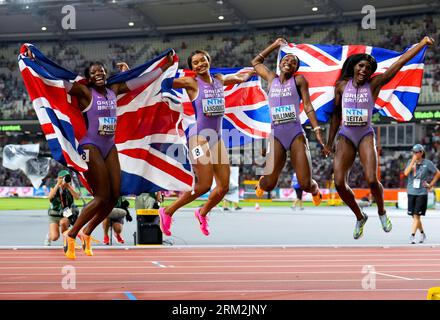 Great Britain's Asha Philip, Imani-Lara Lansiquot, Bianca Williams and Daryll Neita celebrate after finishing third in the Women's 4x100 Metres Relay Final on day eight of the World Athletics Championships at the National Athletics Centre in Budapest, Hungary. Picture date: Saturday August 26, 2023. Stock Photo