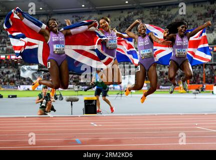 Great Britain's Asha Philip, Imani-Lara Lansiquot, Bianca Williams and Daryll Neita celebrate after finishing third in the Women's 4x100 Metres Relay Final on day eight of the World Athletics Championships at the National Athletics Centre in Budapest, Hungary. Picture date: Saturday August 26, 2023. Stock Photo