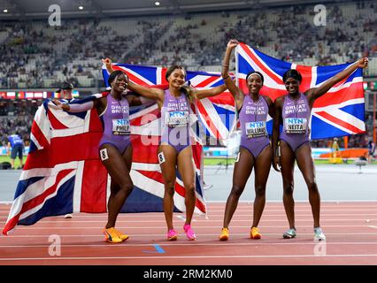 Great Britain's Asha Philip, Imani-Lara Lansiquot, Bianca Williams and Daryll Neita celebrate after finishing third in the Women's 4x100 Metres Relay Final on day eight of the World Athletics Championships at the National Athletics Centre in Budapest, Hungary. Picture date: Saturday August 26, 2023. Stock Photo