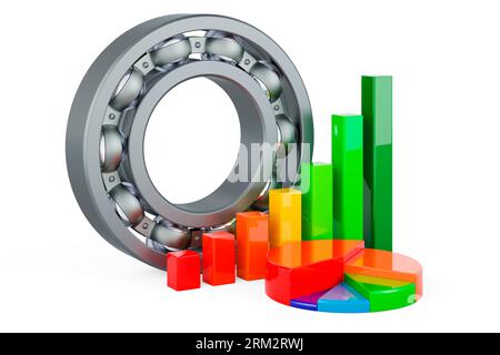 Cuscinetto a sfere con grafico a barre di crescita e grafico a torta, rendering 3D isolato su sfondo bianco Foto Stock