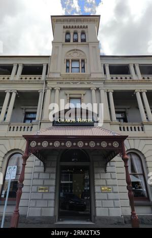 883 facciata e portico del Craig's Royal Hotel costruito nel 1862 d.C. su Lydiard Street. Ballarat-Australia. Foto Stock