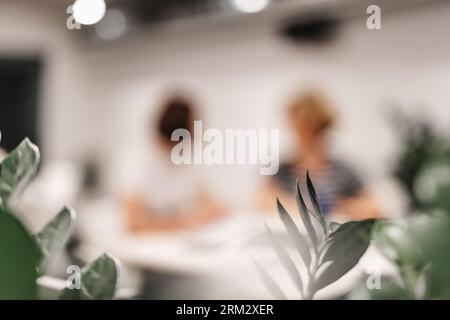 Educazione aziendale. I colleghi di lavoro junior e senior si riuniscono al tavolo in ufficio. Foto Stock