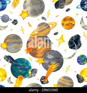 Acquerello modello senza cuciture con pianeti del sistema solare mercurio, venere, terra, marte, giove, saturno, urano, nettuno e luna, asteroidi Foto Stock