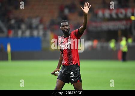 Milan, Italy. 26th Aug, 2023. Fikayo Tomori (Ac Milan) greets Milan supporters during AC Milan vs Torino FC, Italian soccer Serie A match in Milan, Italy, August 26 2023 Credit: Independent Photo Agency/Alamy Live News Stock Photo