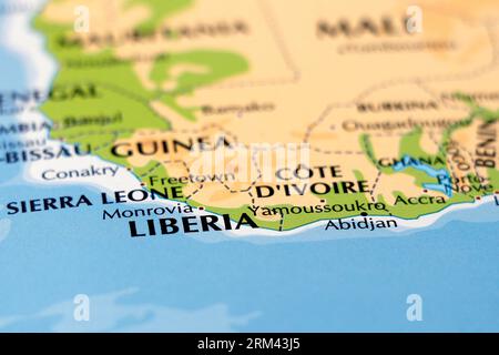 mappa mondiale dei paesi dell'africa centrale e meridionale, della sierra leone e della liberia in primo piano Foto Stock