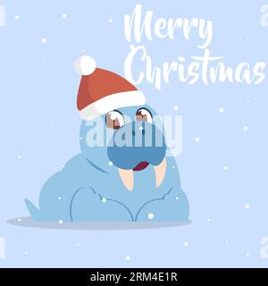 Animali carini. Buon biglietto di Natale. Walrus cartoon con cappello di Babbo Natale. Mammifero marino selvatico artico. Ritratto divertente. Vacanze invernali. Festeggiamenti di Natale. Caduta di S Illustrazione Vettoriale