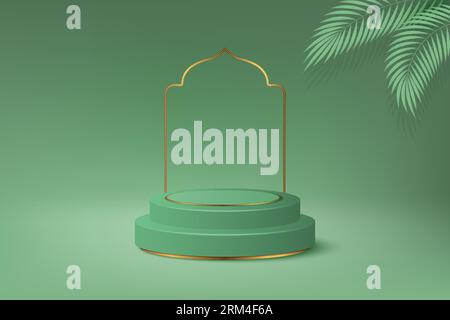 Background Ramadan. Podio di prodotto islamico 3d verde, base vuota con foglie tropicali, piedistallo o piedistallo, arco musulmano dorato. Temp. Banner promozionale o poster Illustrazione Vettoriale