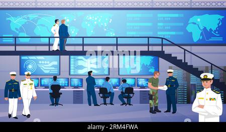 Centro di controllo. Interno dell'ufficio di comando militare. Sicurezza dei dati in futuro. Sorveglianza dell'operazione. Computer e server elettronico. Gestione della missione Illustrazione Vettoriale