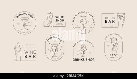 Logo della barra. Bicchiere da cocktail. Mano che regge il calice di vino. Brindisi e brindisi. Bevanda alcolica. Emblema per feste o caffè. Champagne wineglass. Premium b Illustrazione Vettoriale